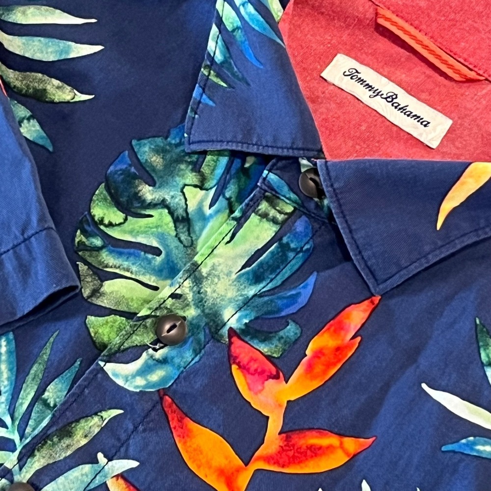 Tommy Bahama Shirt Mens XL Blue Hawaiian Short Sleeve Button up Tencel Cotton